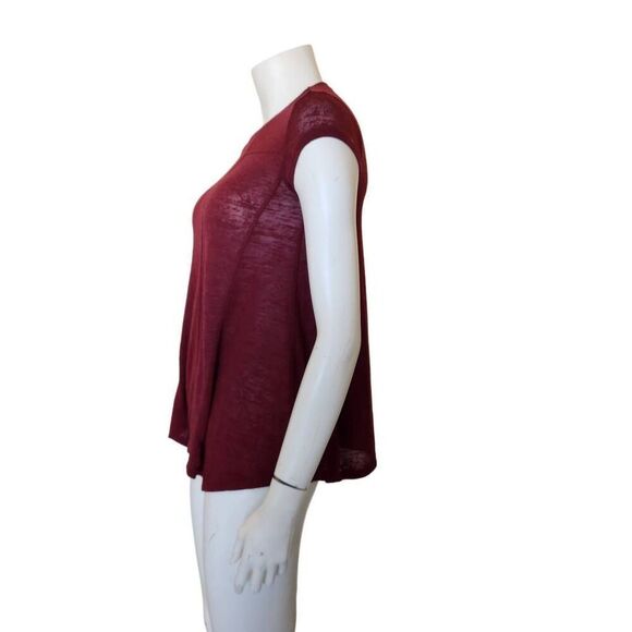 Women's small hybrid Burgundy wine semi-sheer short sleeve flowy boho blouse - Picture 3 of 5